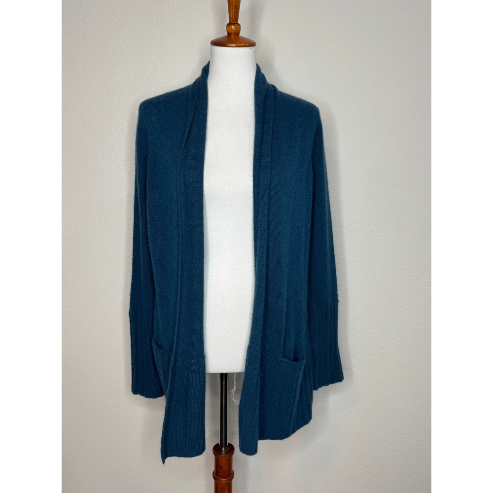AQUA Cashmere Open Front Cardigan Sweater SM Blue Hip Length Lightweight